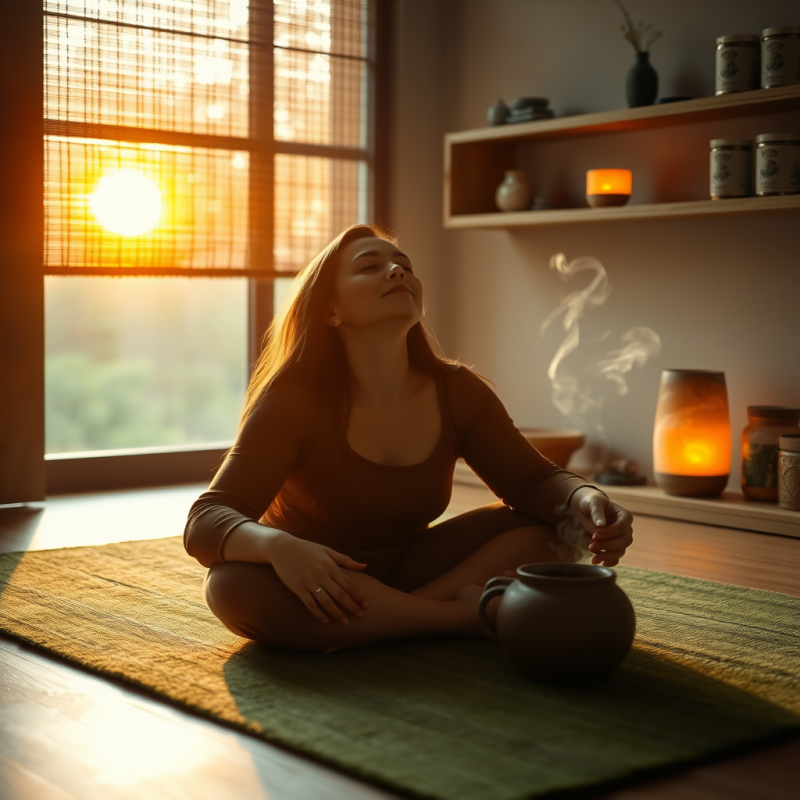 Glowing Amber Sunrise Filters Through Bamboo Blinds Ont...