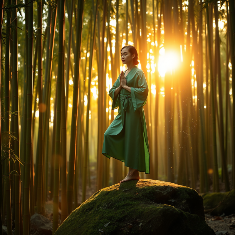 Glowing Amber Sunrise Filters Through Towering Bamboo S...