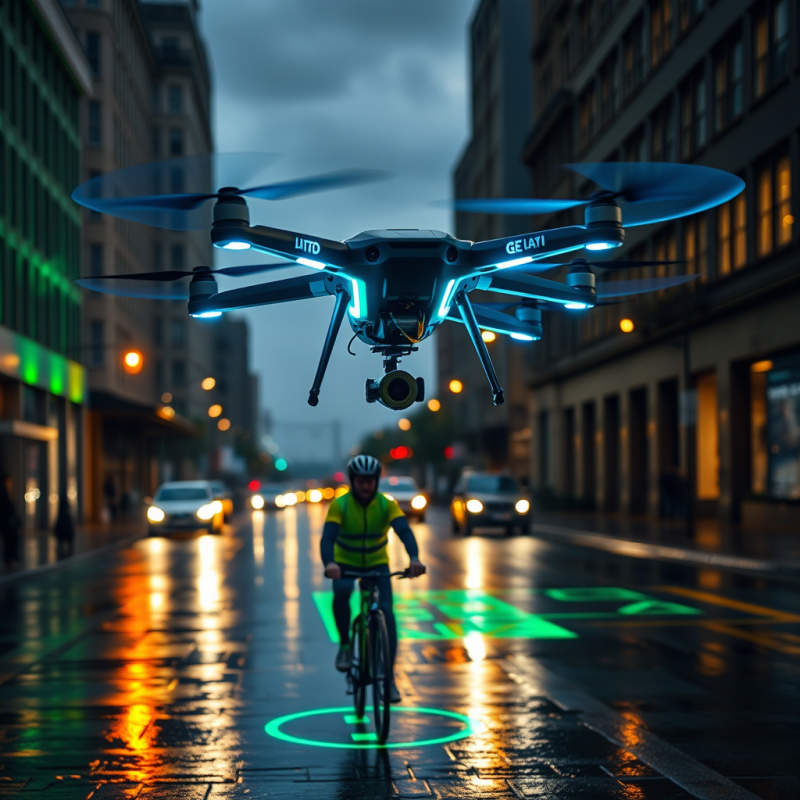 Glowing Blue Drone Hovers Above a Cyclist on a Wet