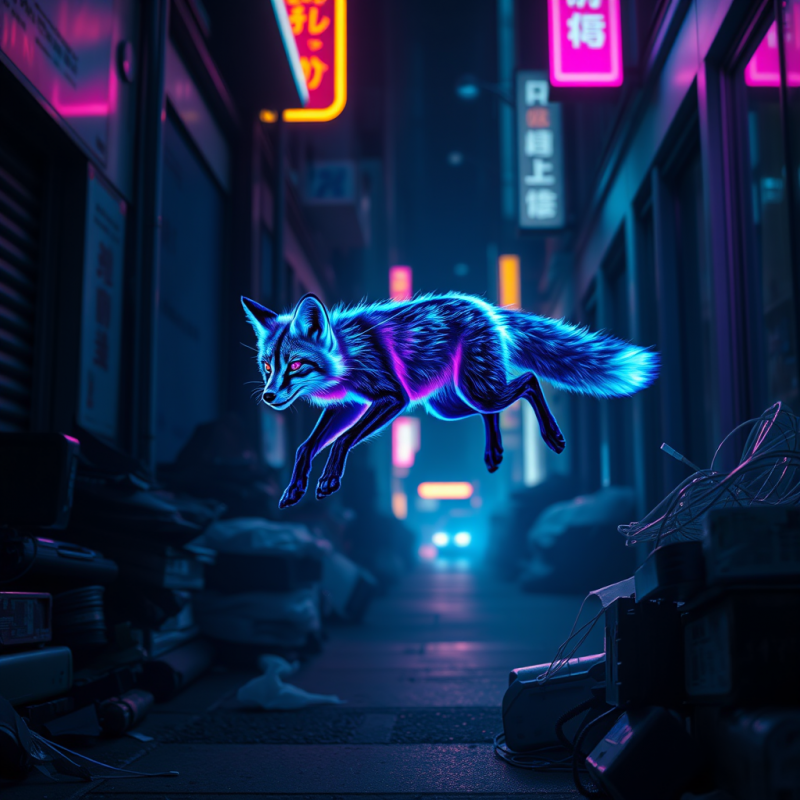 Glowing Blue Fox with Neon Highlights Leaps