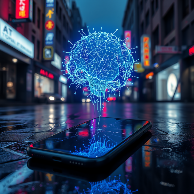 Glowing Blue Neural Network Hovers Above a Cracked