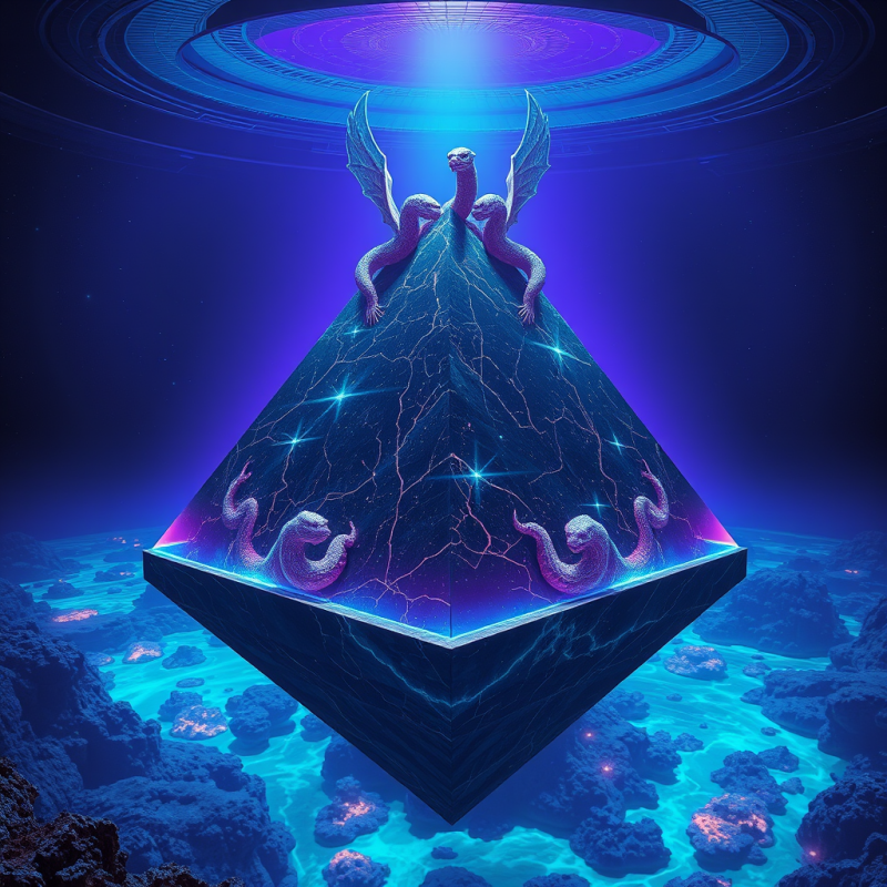 Glowing Blue Pyramid Floats Above an Alien Ocean,