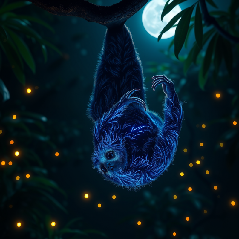 Glowing Blue Sloth Hangs Upside Down from a Tree
