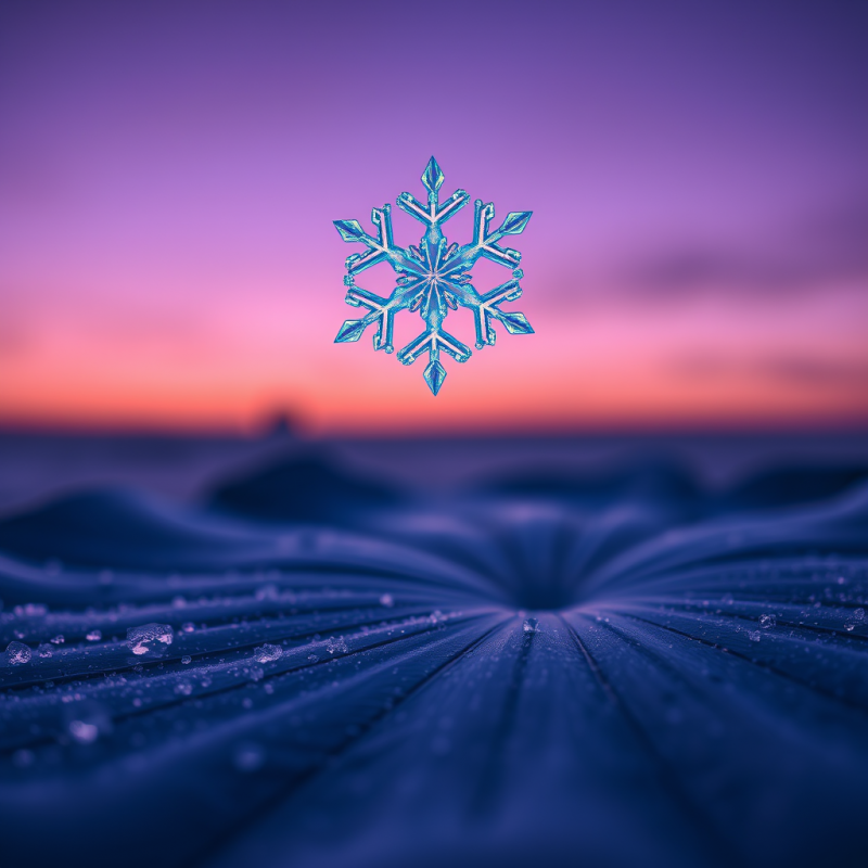Glowing Blue Snowflake Hovers Above a Dew-covered