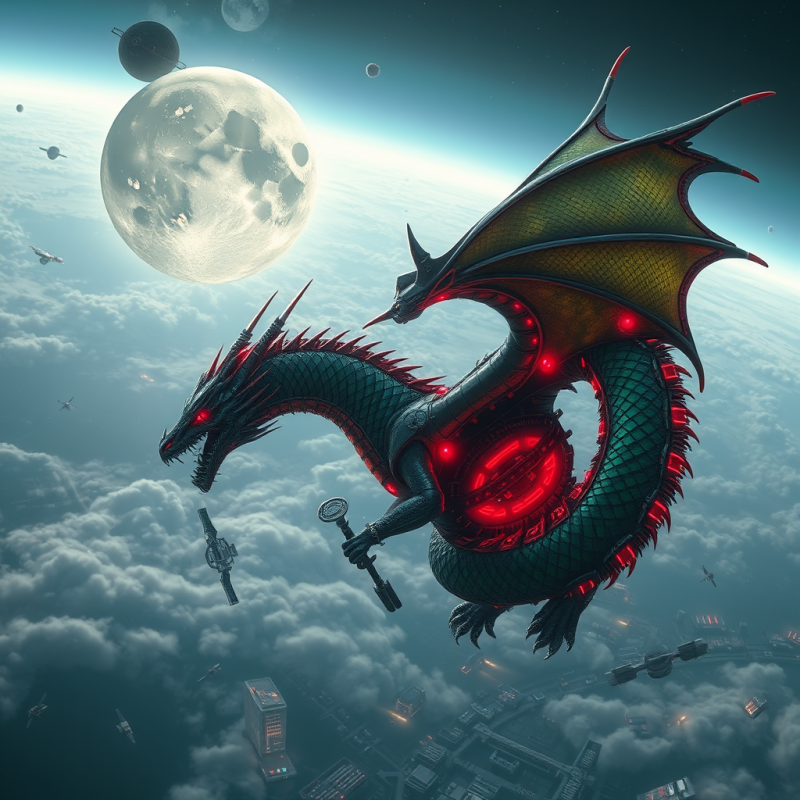 Glowing Cybernetic Dragon Flies Majestically Above a