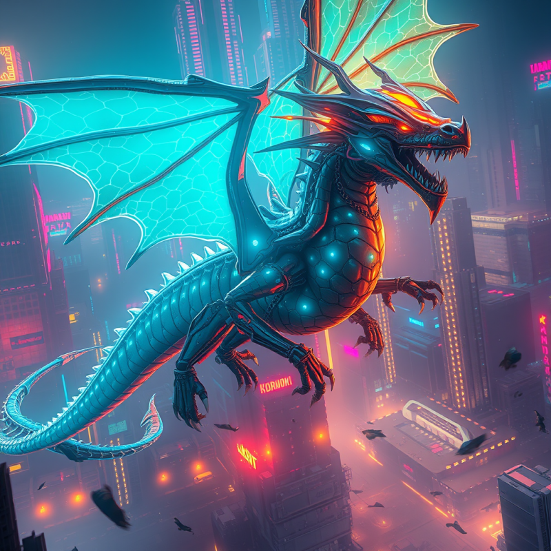 Glowing Cybernetic Dragon with Neon Wings Flies
