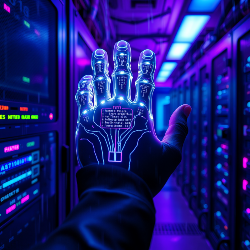 Glowing Cybernetic Hand Hovers Over Server Racks in