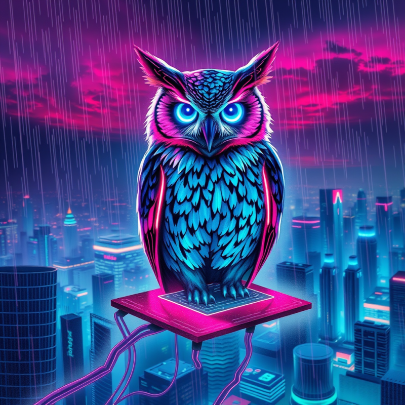 Glowing Cyberpunk Owl with Electric Blue Eyes