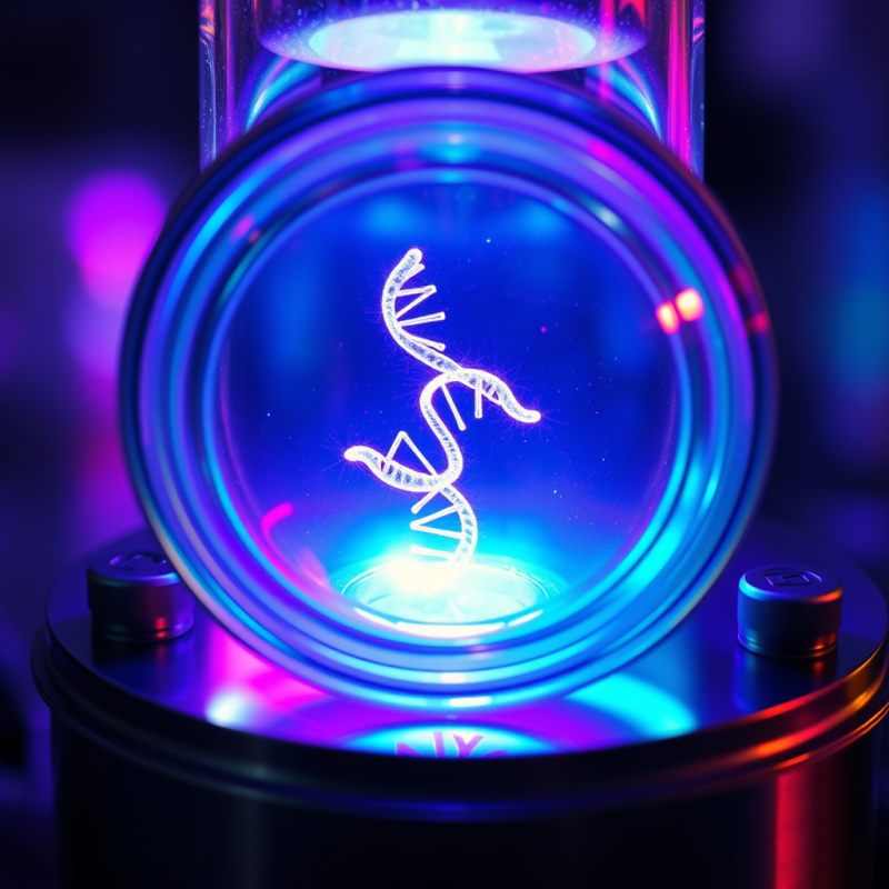 Glowing Dna Double Helix Floats Inside a Glass Vial