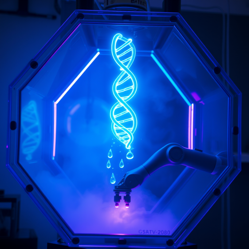 Glowing Dna Helix Suspended in a Hexagonal Lab