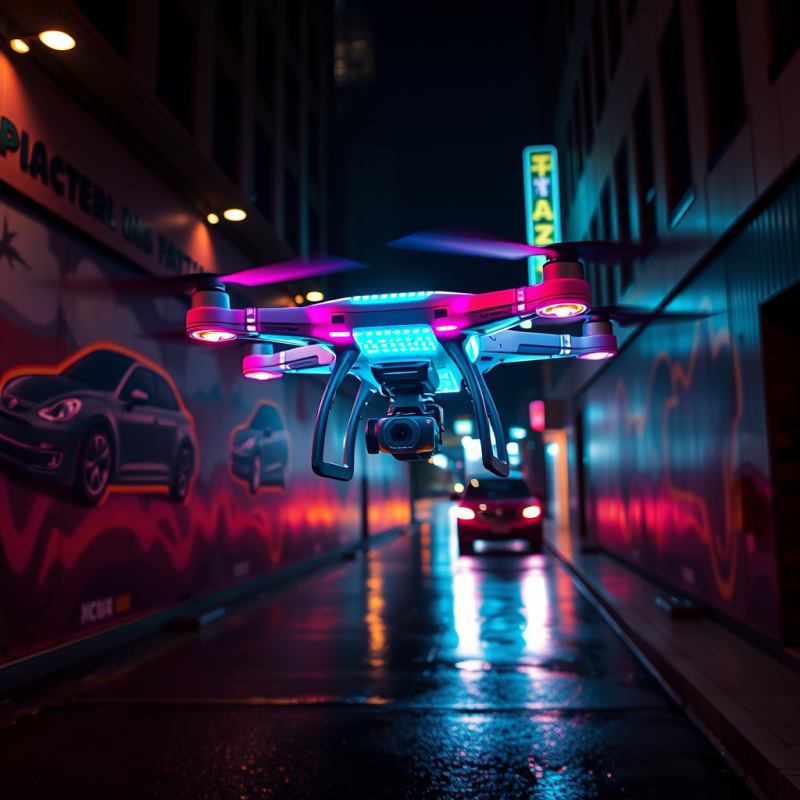 Glowing Drone Hovers Over a Wet Urban Alley at