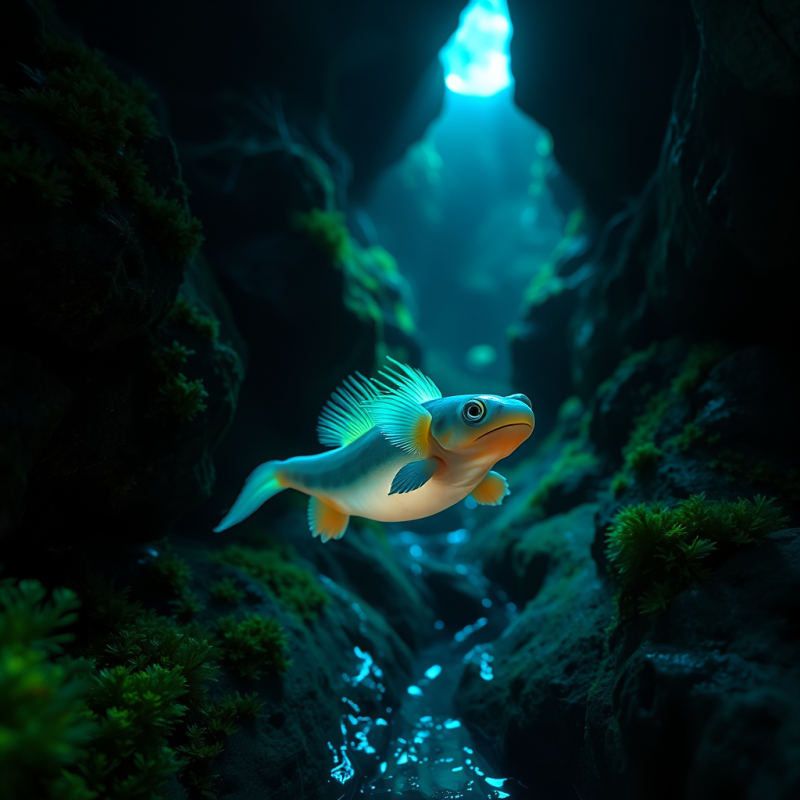 Glowing Fish Swims Through a Mossy Underwater Cave