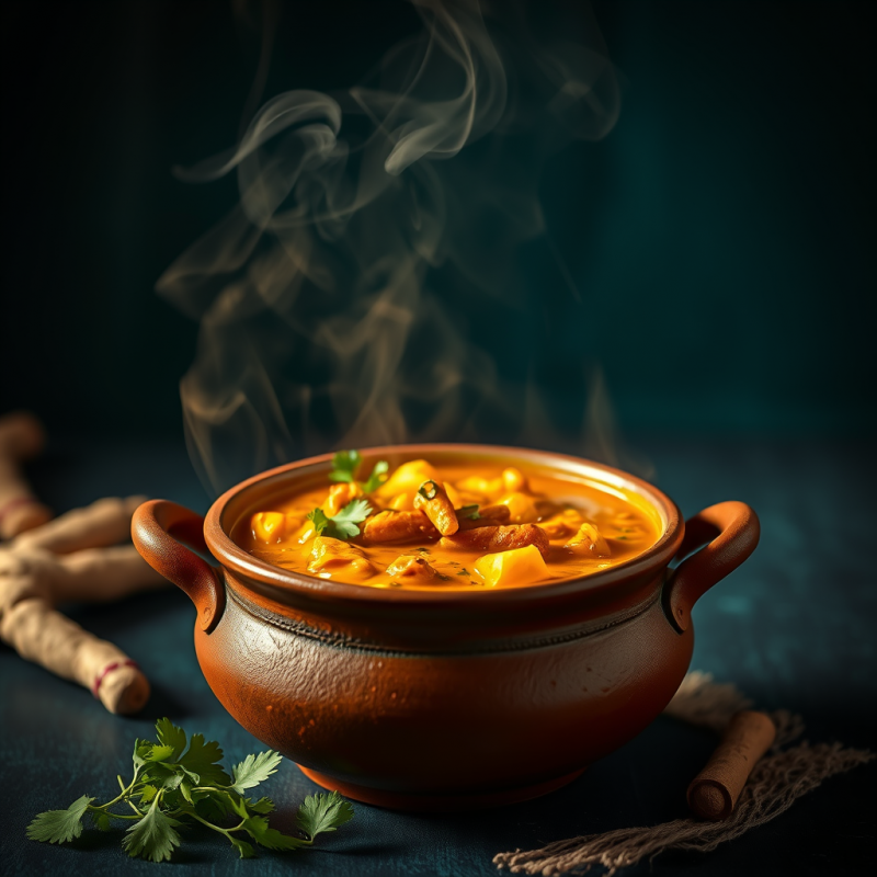 Glowing Golden Curry Simmering in a Handmade Clay Pot