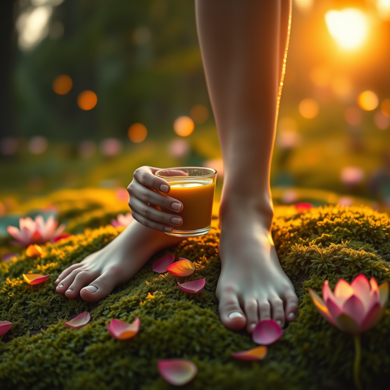Glowing Golden Hour Shot of a Person Barefoot on Dew-ki...