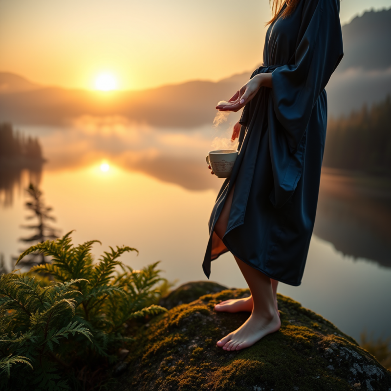 Glowing Golden Hour Sunset Over a Misty Mountain Lake