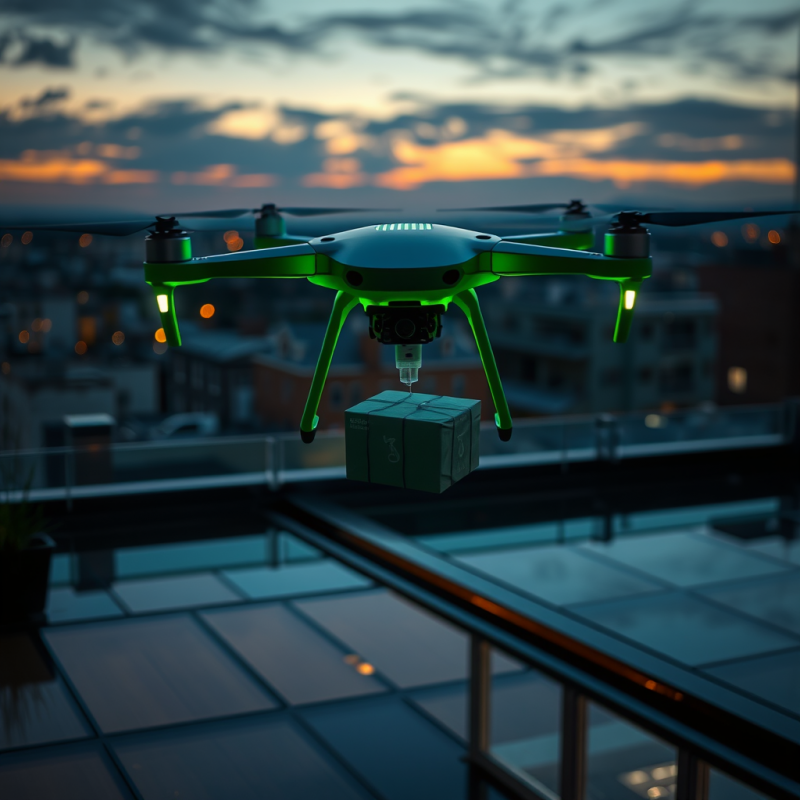 Glowing Green Drone Hovers Over a Rooftop at Dusk,