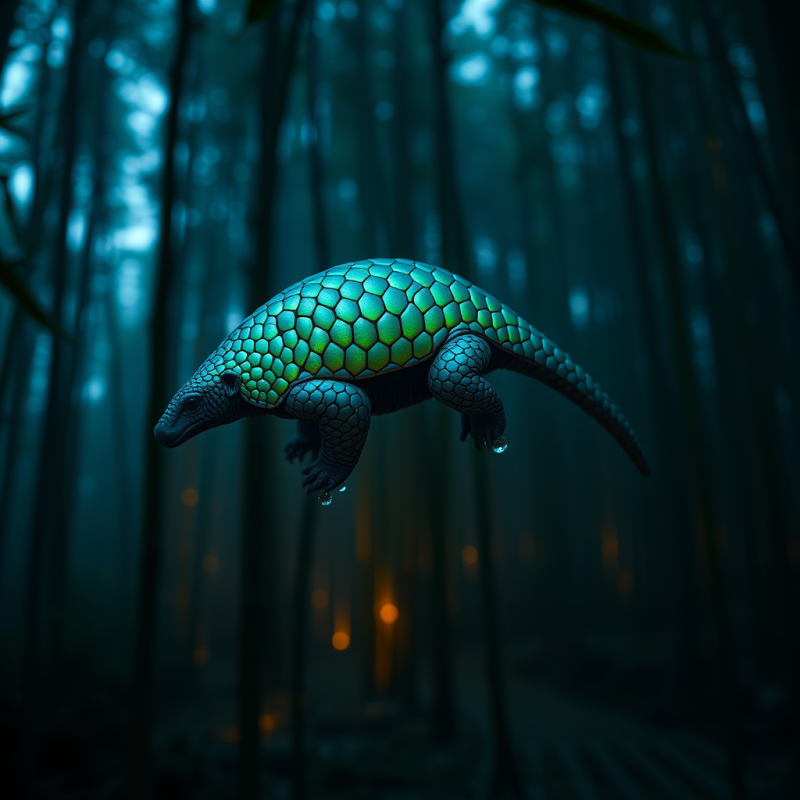 Glowing, Hexagonal-scaled Armadillo Floats Mid-air