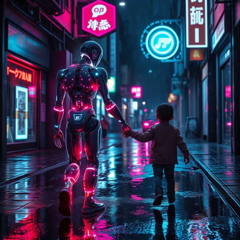 Glowing Humanoid Robot Walks Hand-in-hand with a