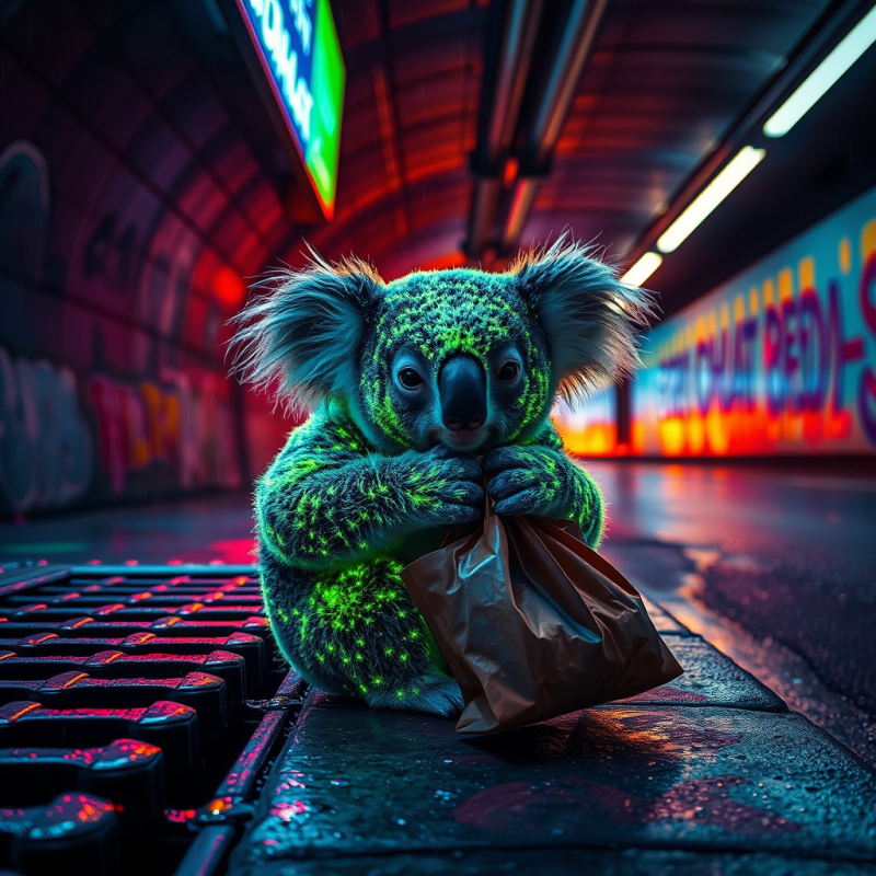 Glowing Koala Holding a Bag Sits in a Vibrant,