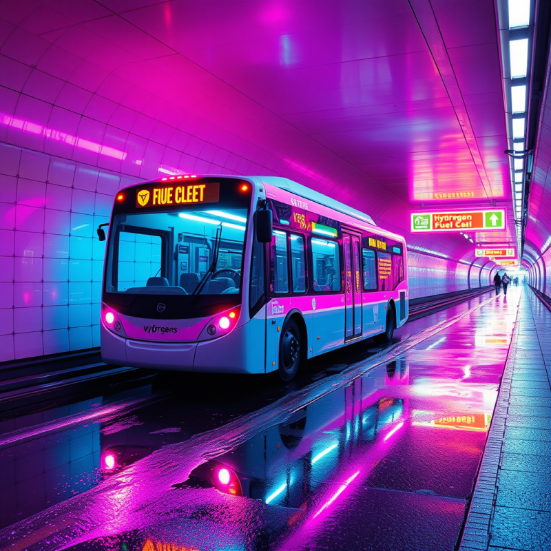 Glowing Magenta Hydrogen Fuel Cell Bus Glides Through A...