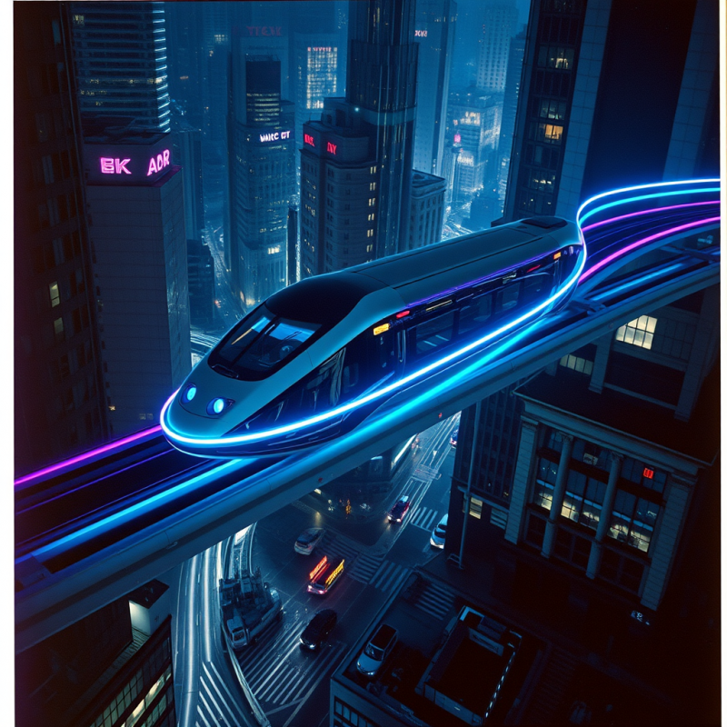 Glowing Maglev Train悬浮 Mid-air Above a Neon-lit Cit...