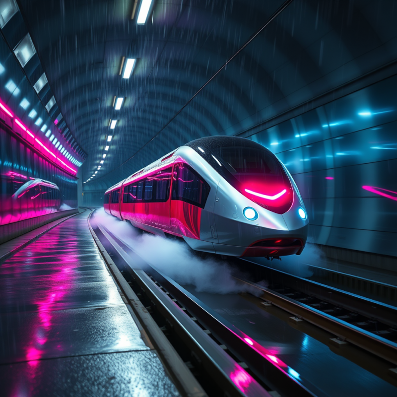 Glowing Maglev Train Streaks Through a Rain-slicked