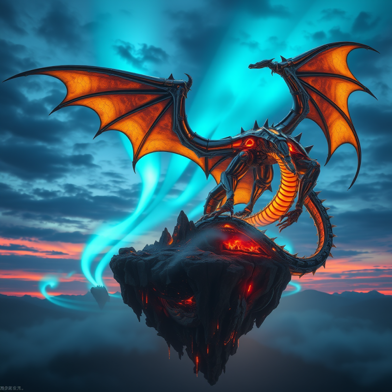 Glowing Mechanical Dragon Perches Atop a Floating