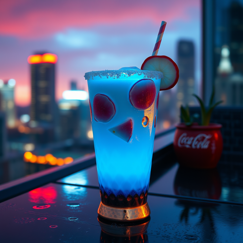 Glowing Neon-blue Artisanal Smoothie in a Hammered Copp...