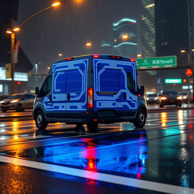 Glowing Neon-blue Electric Delivery Van