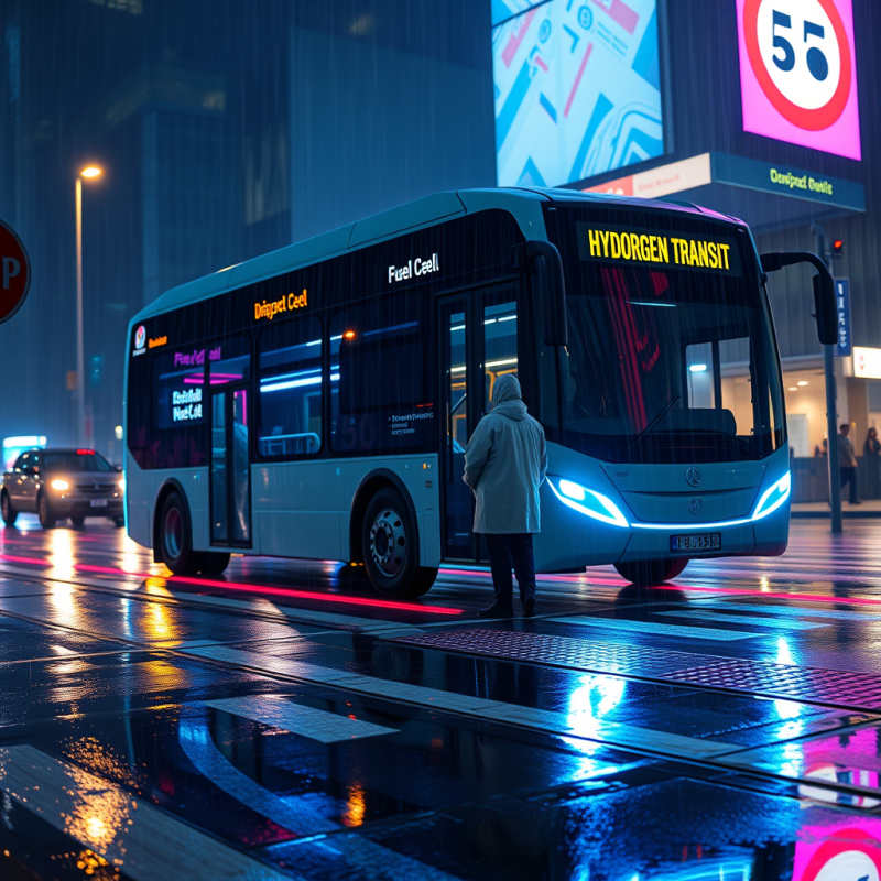 Glowing Neon-blue Hydrogen Fuel Cell Bus Glides Silentl...