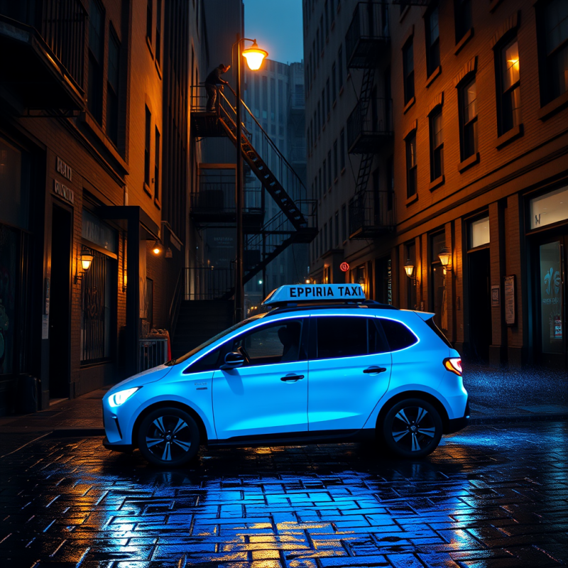 Glowing Neon-blue Self-driving Taxi Glides Silently Thr...