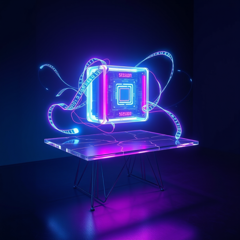 Glowing Neon Cube with Circuitry and Floating Data