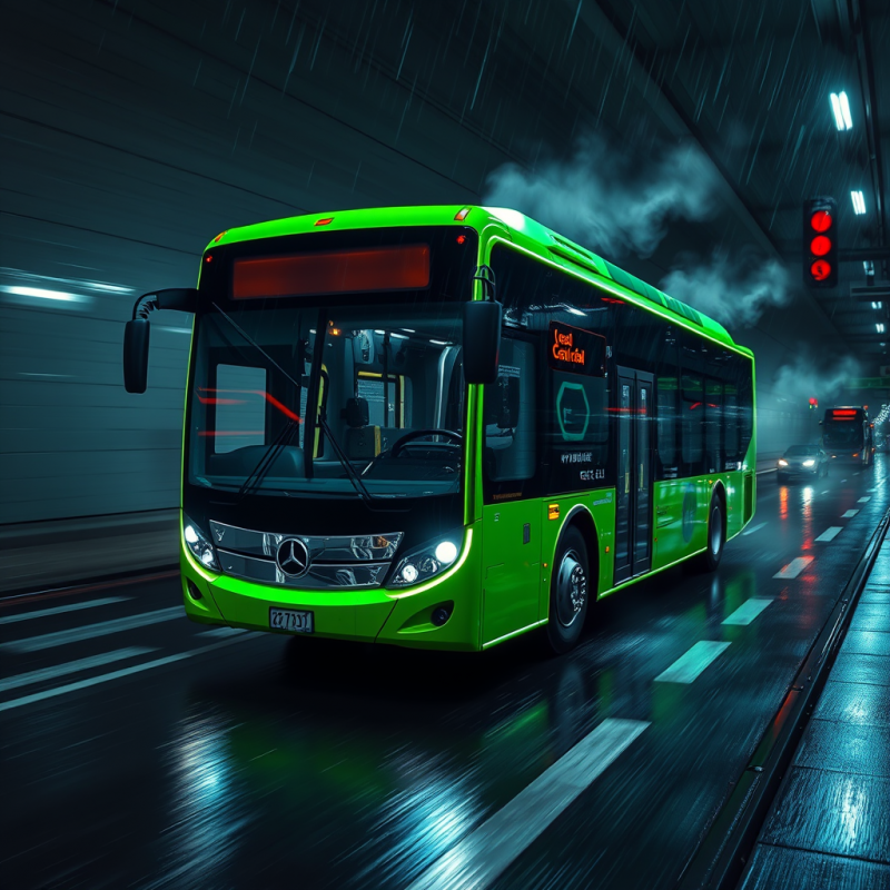 Glowing Neon-green Hydrogen Fuel Cell Bus Glides Silent...