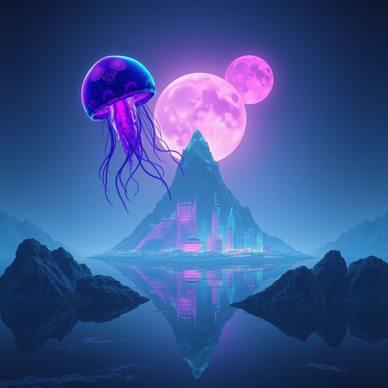 Glowing Neon Jellyfish Drifts Above a Futuristic