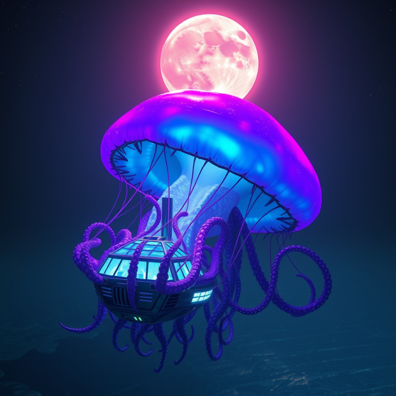 Glowing Neon Jellyfish with Tentacles Cradles a