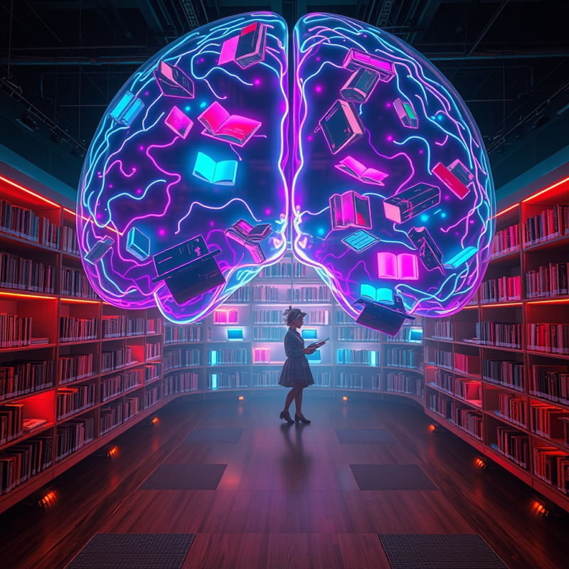 Glowing, Neon-lit Brain Filled with Floating Books