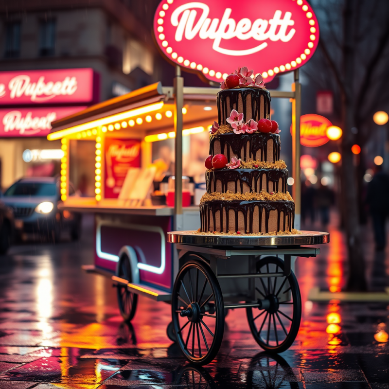 Glowing Neon-lit Dessert Cart at Midnight