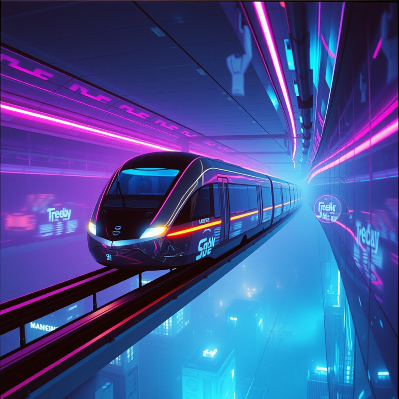 Glowing Neon-lit Maglev Train Glides Silently Through A...