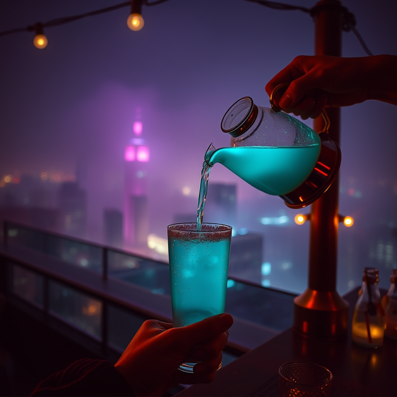 Glowing Neon-lit Rooftop Bar at Midnight