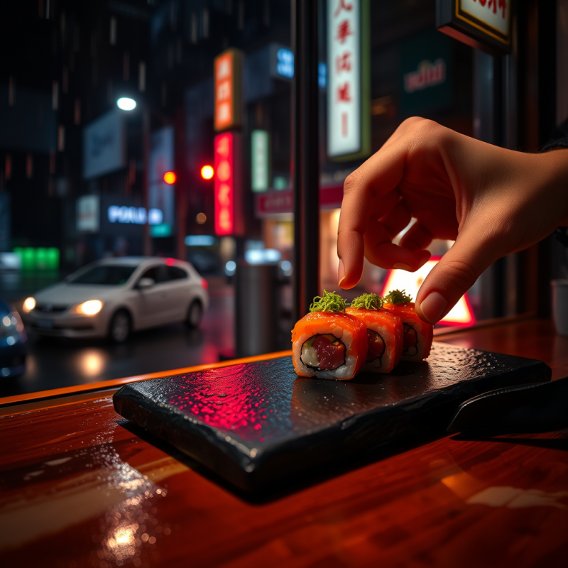 Glowing Neon-lit Sushi Bar at Midnight