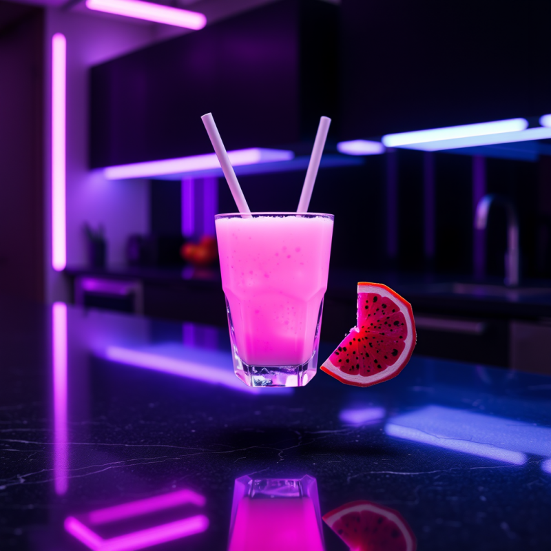 Glowing Neon-pink Vegan Smoothie in a Frosted Geometric...