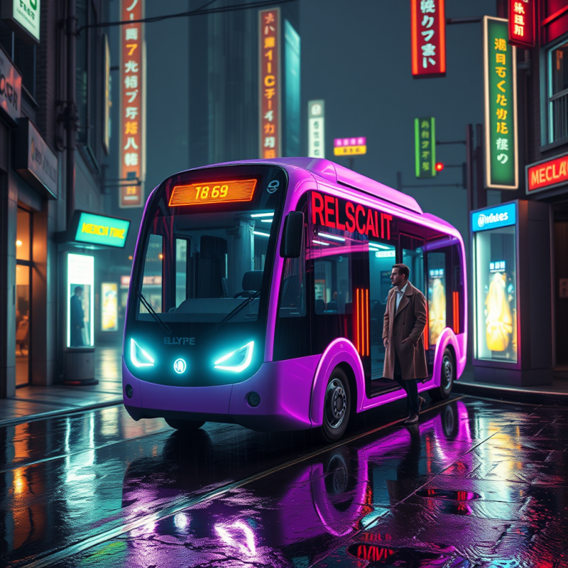 Glowing Neon-purple Autonomous Electric Bus Glides Sile...