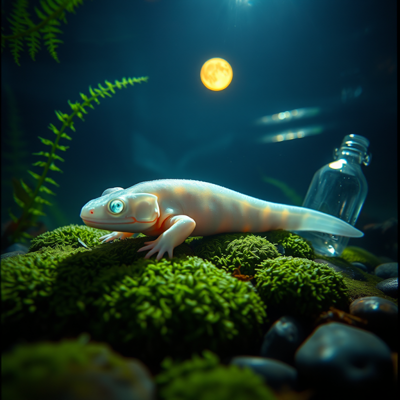 Glowing Newt Rests on Mossy Rocks Beneath a Luminous