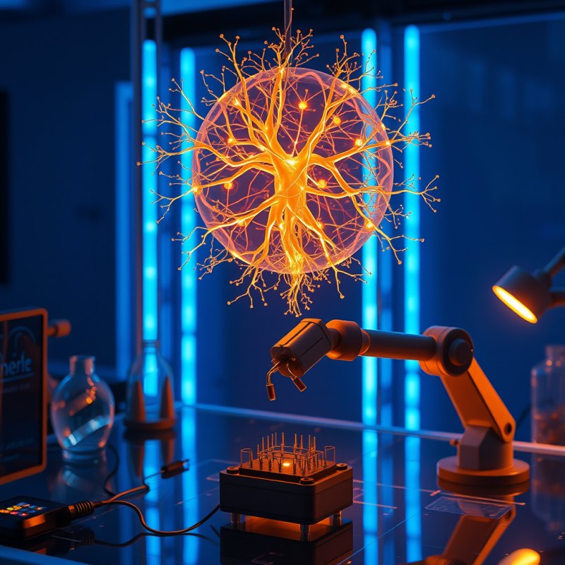 Glowing Orange Neural Network Suspended in a Lab