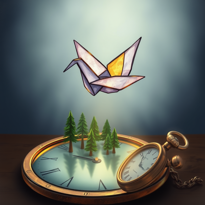 Glowing Origami Crane Hovers Above a Pocket Watch