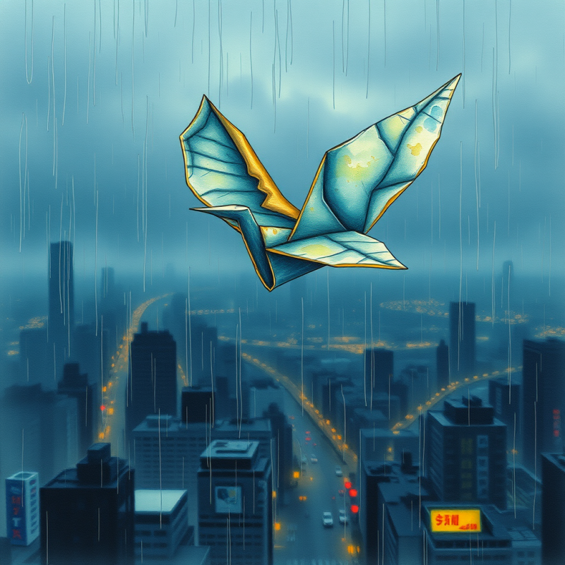 Glowing Origami Crane Soars Above a Rainy, Neon-lit