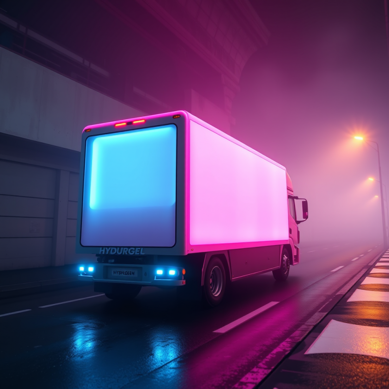 Glowing Pink and Blue Delivery Truck Drives Through
