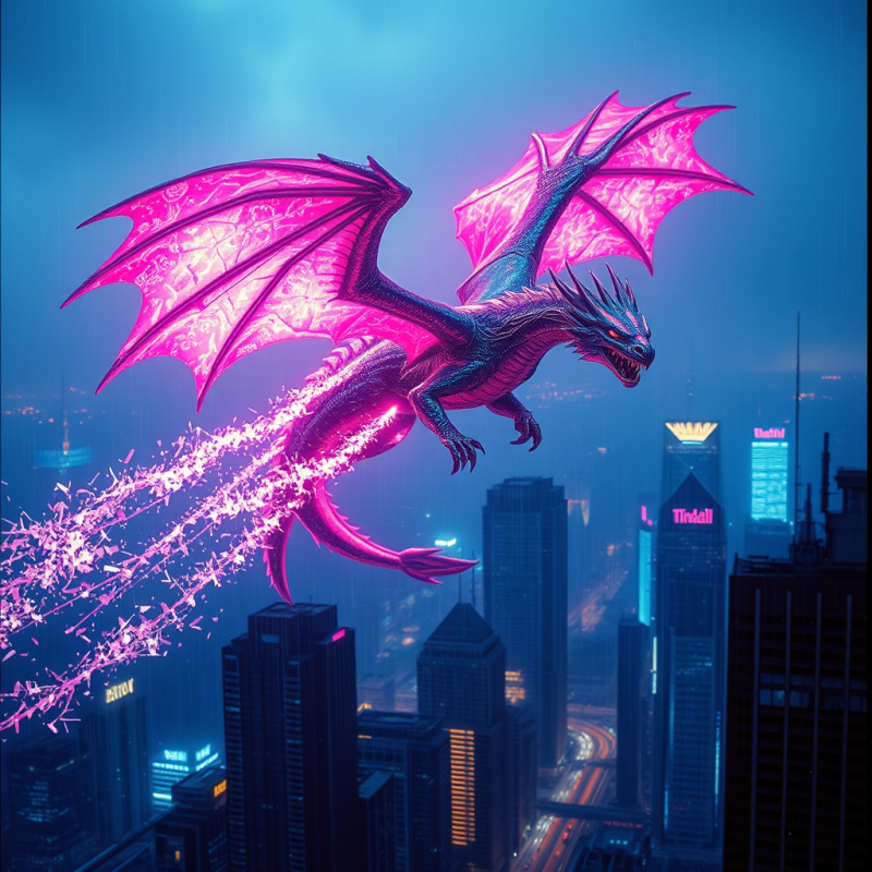 Glowing Pink Dragon with Electric Sparks Flies