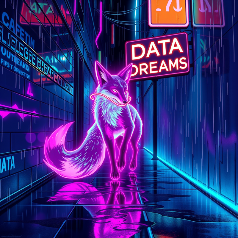 Glowing Pink Fox Stands in a Rain-slicked Neon Alley