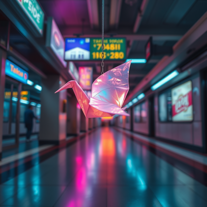 Glowing Pink Origami Crane Hangs Suspended in a